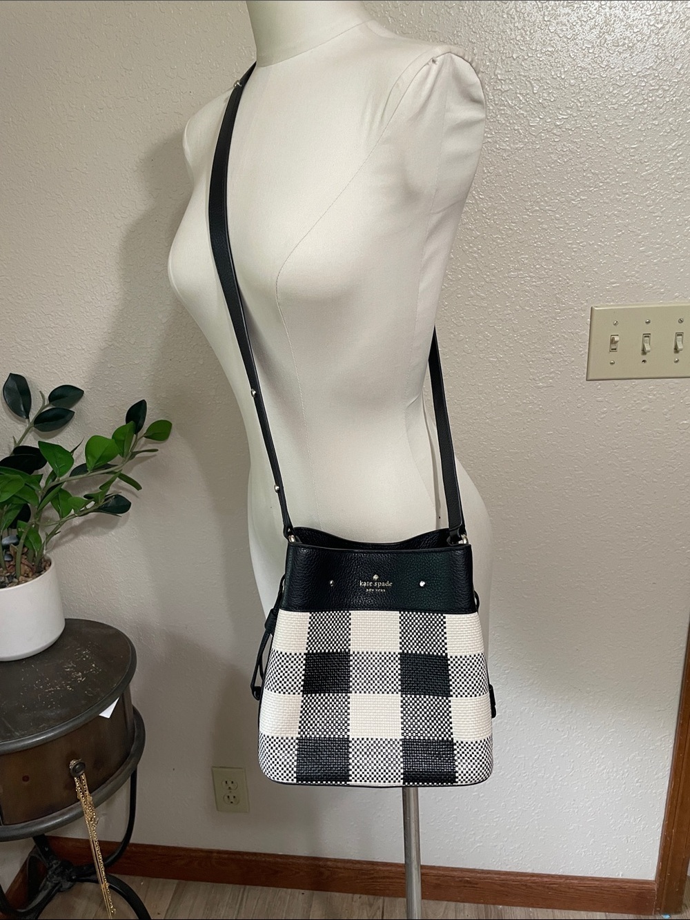 kate spade Marti small Black and White Buffalo Check Crossbody Bag